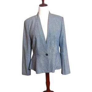 Halogen blazer dark grey &  cream peplum lapel-less one button suit jacket Sz 14